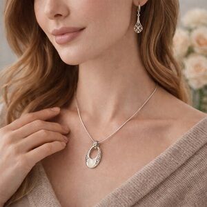 925 Italy Sterling Silver Filigree Pendant Necklace & Teardrop Earrings Set 16”
